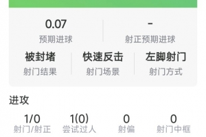 厄德高數(shù)據(jù)：1射0正，3對抗0成功